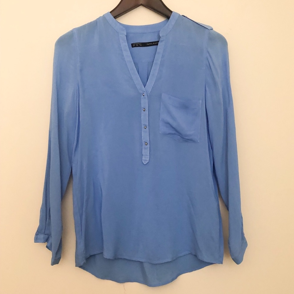 Zara Blue Button Down Tab Sleeve Blouse